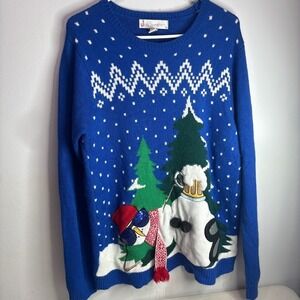 Jolly Sweaters Blue Penguin Snowman Beer Ugly Christmas Sweater L/G